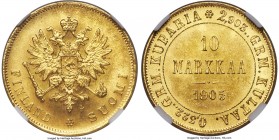 Russian Duchy. Nicholas II gold 10 Markkaa 1905-L MS64 NGC, KM8.2, Fr-6. The key date within the 10 Markkaa series, and as such, not regularly encount...