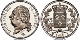 Louis XVIII 5 Francs 1816-A MS64 Prooflike NGC, Paris mint, KM711.1, Dav-87, Gad-614. A superb selection presenting thickly frosted, sharp devices con...