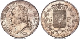 Louis XVIII 5 Francs 1824-MA MS64 NGC, Marseille mint, KM711.10, Dav-87, VG-614. Dressed in scattered charcoal tones, shimmering argent luster display...