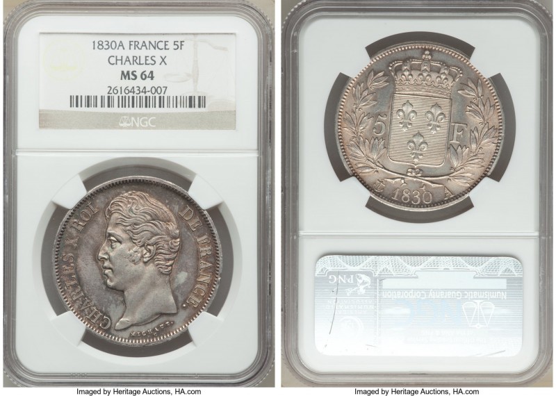 Charles X 5 Francs 1830-A MS64 NGC, Paris mint, KM728.1, Dav-88, Gad-644. Lightl...