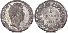 Louis Philippe I 5 Francs 1831-T MS65 NGC, Nantes mint, KM745.12, Dav-89, Gad-676. Bare head type. Streaky aged silver and pinkish gray patina sits at...
