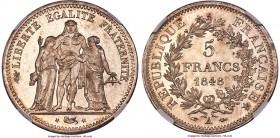 Republic 5 Francs 1848-A MS66 NGC, Paris mint, KM756.1, Gad-683, Dav-92. A flashy and semi-prooflike example boasting a complete strike. Among the bes...