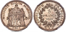 Republic 5 Francs 1848-A MS65 NGC, Paris mint, KM756.1, Dav-92. Fully struck to near-specimen exactitude, the devices standing in resulting sharp reli...