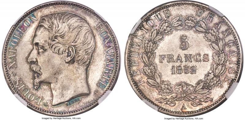 Louis-Napoleon 5 Francs 1852-A MS66 NGC, Paris mint, KM773.1, Dav-94, Gad-726. S...