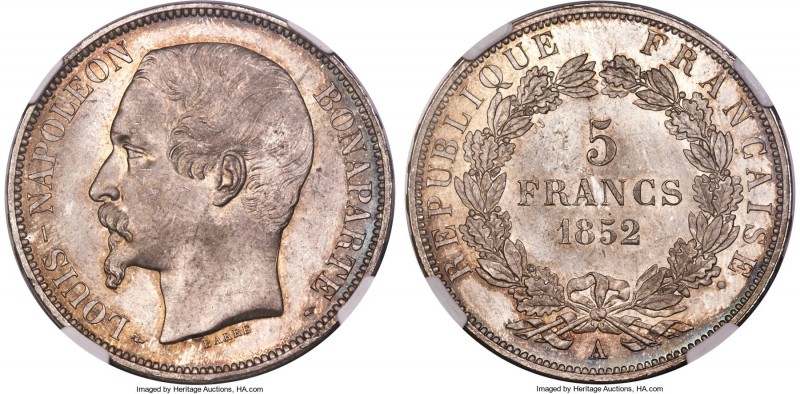 Louis-Napoleon 5 Francs 1852-A MS65+ NGC, Paris mint, KM773.1, Dav-94, Maz-1219....