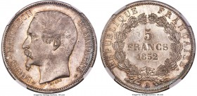 Louis-Napoleon 5 Francs 1852-A MS65+ NGC, Paris mint, KM773.1, Dav-94, Maz-1219. One-year type. With Barre signature below truncation. A sensational s...