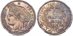 Republic 5 Francs 1870-A MS66 NGC, Paris mint, KM819, Gad-743. Ceres head, with motto. An marvelous representative of this post-Imperial 1870 issue wh...