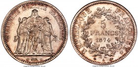 Republic 5 Francs 1874-A MS66 NGC, Paris mint, KM820.1. Lustrous and framed by pale burgundy tones at the peripheries. Tied for finest certified by NG...