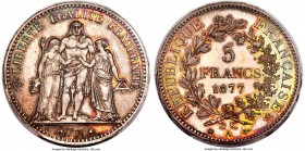 Republic Specimen 5 Francs 1877-A SP67 PCGS, Paris mint, KM820.1, Dav-97, Gad-187a. Clearly a special coin with pinpoint sharpness on the motifs, squa...