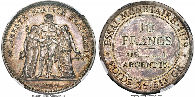 Republic silver Essai 10 Francs 1879 MS65 NGC, Maz-2229, VG-3937. A rare monetar...