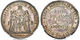 Republic silver Essai 10 Francs 1879 MS65 NGC, Maz-2229, VG-3937. A rare monetary pattern exhibiting the familiar Herculean obverse motif with a speci...