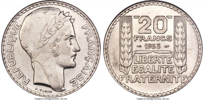 Republic 20 Francs 1933 MS64 NGC, Paris mint, KM879, Dav-98. Short leaves variet...