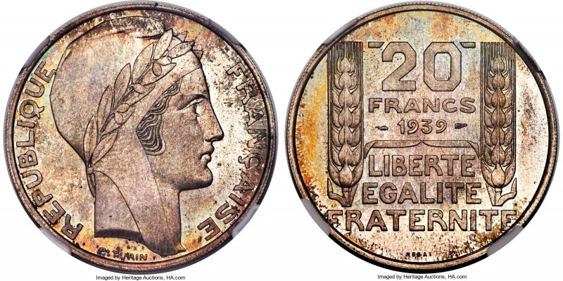Republic silver Essai 20 Francs 1939 MS67+ NGC Maz-2557, Gem-200.9. Perfectly st...