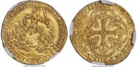 Jean II le Bon gold Franc à cheval ND (1350-1364) MS63 NGC, Fr-279. 30mm. 3.85gm. IOhAnnЄS : DЄI | : GRACIA : | FRAnCORV : RЄX, armored knight, brandi...