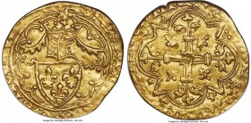 Charles VI gold 1/2 Heaume d'or ND (1380-1422) XF45 NGC, Fr-296, Dup-374. 23.5mm. + KAROLVS : DЄI : GRACIA : FRANCORVM : RЄX, French arms beneath a cr...