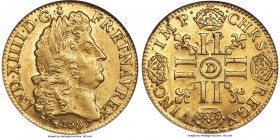 Louis XIV gold Louis d'Or 1687-D MS63 NGC, Lyon mint, KM256.2, Gad-249 (R4). Wholly charming for the type, and a commendable example in choice Mint St...