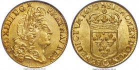 Louis XIV gold Louis d'Or 1690-N MS64 PCGS, Montpellier mint, KM278.11, Gad-250. Attractive light toning along the periphery gives this coin great eye...