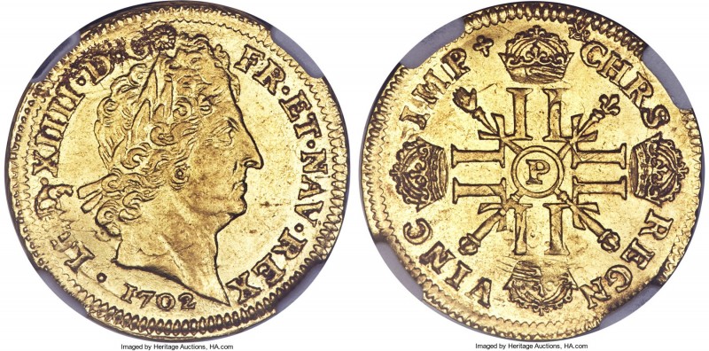 Louis XIV gold Louis d'Or 1702-P MS60 NGC, Dijon mint, KM334.16, Gad-253. Struck...
