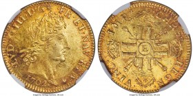 Louis XIV gold Louis d'Or 1702-E AU58 NGC, Tours mint, KM334.7, Fr-436. The sole certified example by either NGC or PCGS; an extremely rare mint for t...