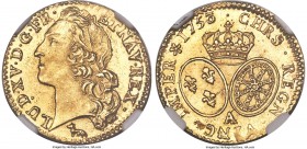 Louis XV gold Louis d'Or 1753-A MS66 NGC, Paris mint, KM513.1, Fr-464, Gad-141. Obv Head of Louis XV left. Rev. Crown over arms of France and Navarre,...