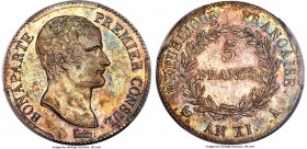 Napoleon 5 Francs L'An XI (1802/1803)-A MS64 PCGS, Paris mint, KM650.1, Gad-577. Near-gem, an impressive grade for the type with charming patina likel...