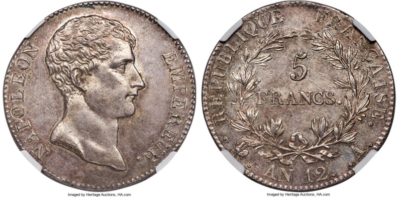 Napoleon 5 Francs L'An 12 (1803/1804)-A MS64 NGC, Paris mint, KM660.1. A one-yea...