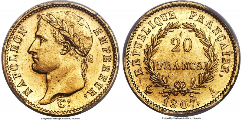 Napoleon gold 20 Francs 1807-A MS62 PCGS, Paris mint, KM687.1, Gad-1024. Laureat...