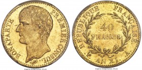 Napoleon gold 40 Francs L'An XI (1802/1803)-A MS61 PCGS, Paris mint, KM652, Gad-1080. Variety without olive. A notoriously difficult type to find in M...
