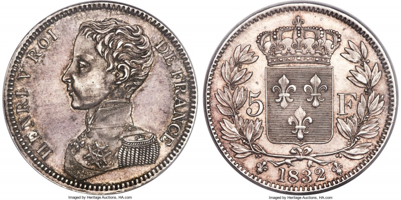 Henri V Pretender silver Specimen Essai 5 Francs 1832 SP63 PCGS, Maz-906a. An el...