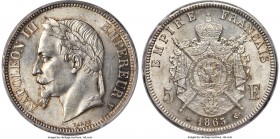 Napoleon III 5 Francs 1863-A MS63 PCGS, Paris mint, KM799.1, Gad-739. Steel-gray, aurous patina creeping in from the peripheries and blending with the...