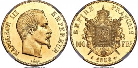 Napoleon III gold 100 Francs 1858-A MS63+ NGC, Paris mint, KM786.1. A flashy specimen whose semi-reflective fields and frosty devices contribute to a ...