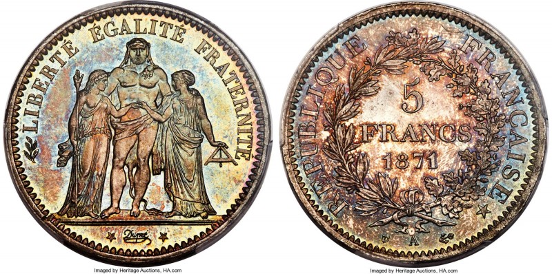 Republic 5 Francs 1871-A MS67 PCGS, Paris mint, KM823. An exquisite premium gem ...