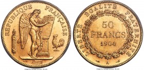 Republic gold 50 Francs 1904-A MS65 PCGS, Paris mint, KM831, Fr-549, Gad-1113. Between those seen by NGC and PCGS combined, only 6 coins (including th...