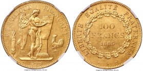 Republic gold 100 Francs 1885-A MS63 NGC, Paris mint, KM832, Fr-590. Mintage: 2,894. Crackling golden luster pervades amidst sharp detailing throughou...