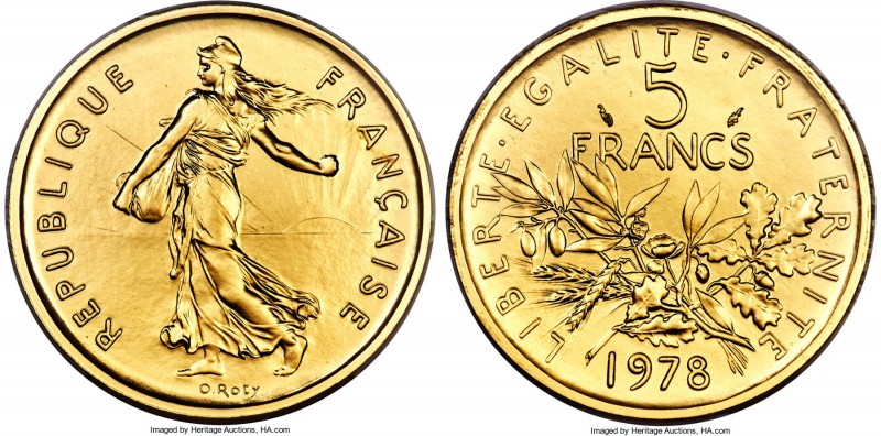 Republic gold Specimen Piefort 5 Francs 1978 SP68 PCGS, KM-P615. Mintage: 143. A...