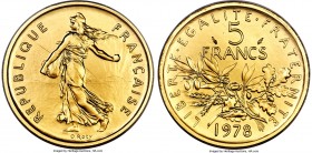 Republic gold Specimen Piefort 5 Francs 1978 SP68 PCGS, KM-P615. Mintage: 143. A nearly unhandled specimen, featuring satiny fields set against upward...