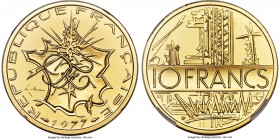 Republic gold Proof Piefort 10 Francs 1977 PR69 NGC, KM-P589. Mintage: 43. A virtually unimprovable example of this double-weight issue, produced in a...