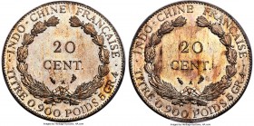 French Colony Specimen Reverse Mule 20 Cents ND (1896-1930) SP66 PCGS, Paris mint, KM-E9, Lec-199. An intriguing and rare mule type, struck with a dou...