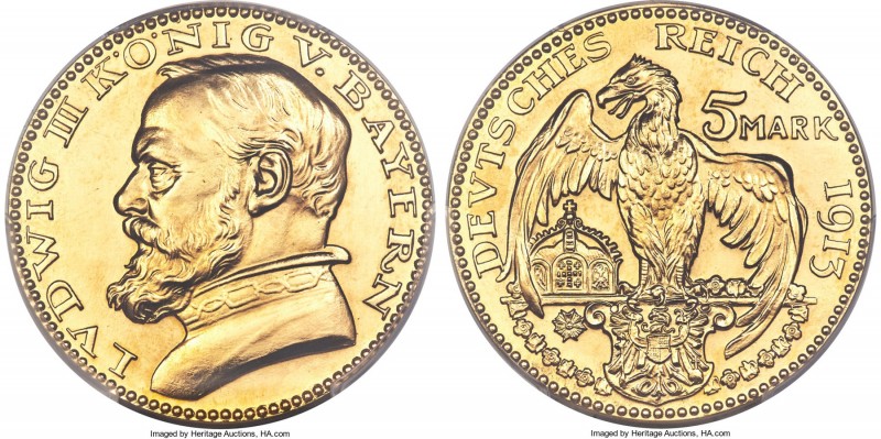 Bavaria. Ludwig III gold Specimen Pattern 5 Mark 1913 SP64 PCGS, Schaaf-53/G1, K...