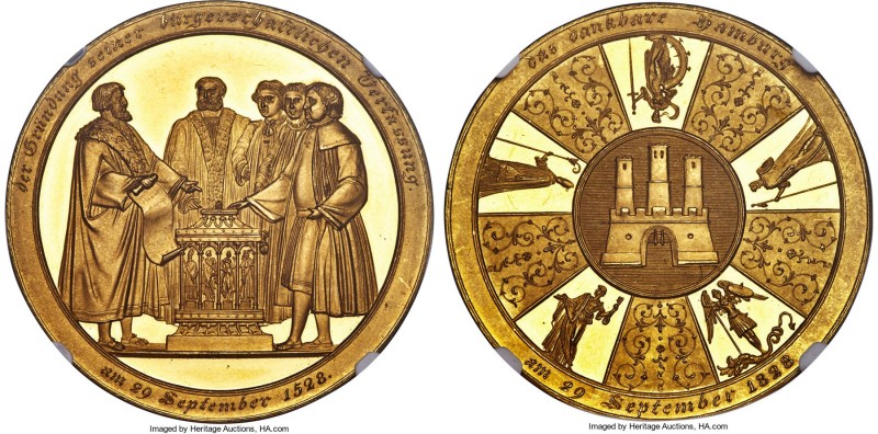 Hamburg. Free City gold "Civic Constitution" Portugalöser of 10 Ducats 1828 MS63...