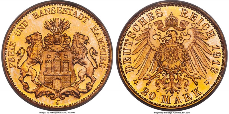 Hamburg. Free City gold Proof 20 Mark 1913-J PR64 PCGS, Hamburg mint, KM618, Fr-...