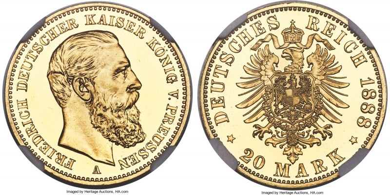 Prussia. Friedrich III gold Proof 20 Mark 1888-A PR66 Cameo NGC, Berlin mint, KM...