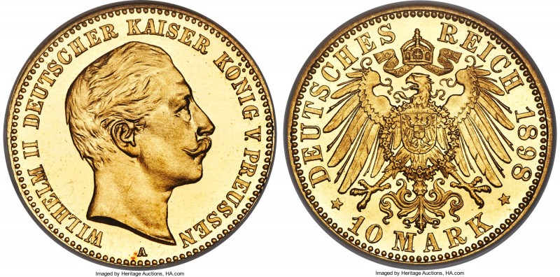 Prussia. Wilhelm II gold Proof 10 Mark 1898-A PR65 Cameo NGC, Berlin mint, KM520...