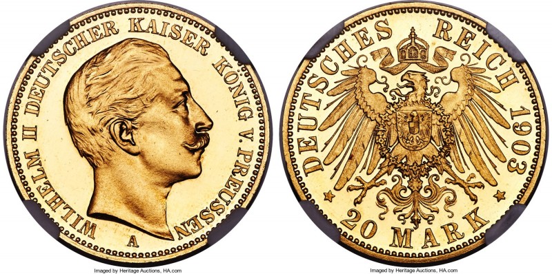 Prussia. Wilhelm II gold Proof 20 Mark 1903-A PR66 Ultra Cameo NGC, Berlin mint,...