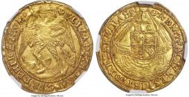 Elizabeth I (1558-1603) gold Angel ND (1587-1589) MS62 NGC, Tower mint, Crescent mm, S-2531, N-2005. Some areas of weakness, otherwise a firmly Mint S...