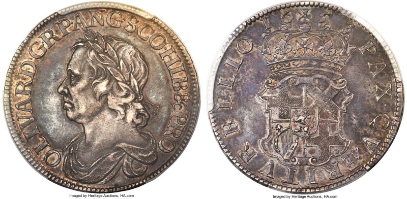 Oliver Cromwell Crown 1658/7 AU58 PCGS, KM393.2, ESC-10, S-3226. Lightly rubbed ...