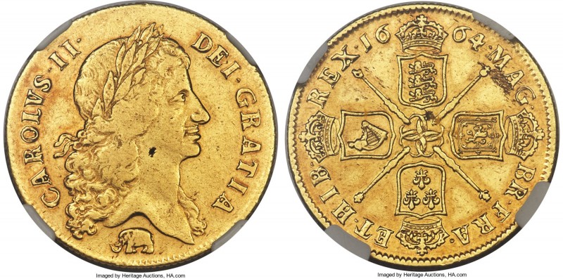 Charles II gold "Elephant" 2 Guineas 1664 XF40 NGC, KM425.2, S-3334. Elephant be...