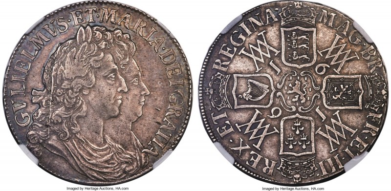 William & Mary Crown 1691 AU50 NGC, KM478, S-3433, ESC-82. TERTIO edge. Lightly ...