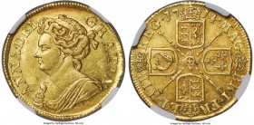 Anne gold Guinea 1714 AU55 NGC, KM534, S-3574. Exhibiting moderate circulation wear to centers yet with striking aesthetic quality, the planchet almos...