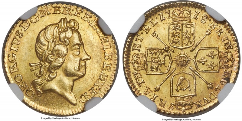 George I gold 1/4 Guinea 1718 MS65 NGC, KM555, S-3638. Almost the highest grade ...